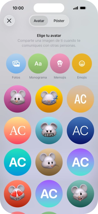 Pulsa una categoría y sigue las indicaciones de la pantalla para seleccionar y configurar la imagen o fotografía deseada para tu póster de contacto. Pulsa una categoría y sigue las indicaciones de la pantalla para seleccionar y configurar la imagen o fotografía deseada para tu póster de contacto.