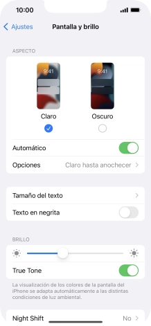 Si activas la función, pulsa Opciones y sigue las indicaciones de la pantalla para seleccionar el período de tiempo que debe durar el Modo Oscuro. Si activas la función, pulsa Opciones y sigue las indicaciones de la pantalla para seleccionar el período de tiempo que debe durar el Modo Oscuro.