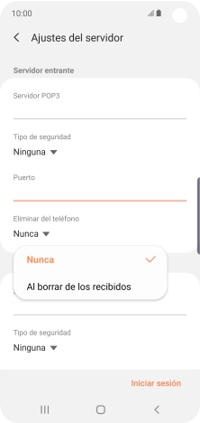 Pulsa Nunca para conservar los correos electrónicos en el servidor cuando los borras del teléfono. Pulsa Nunca para conservar los correos electrónicos en el servidor cuando los borras del teléfono.