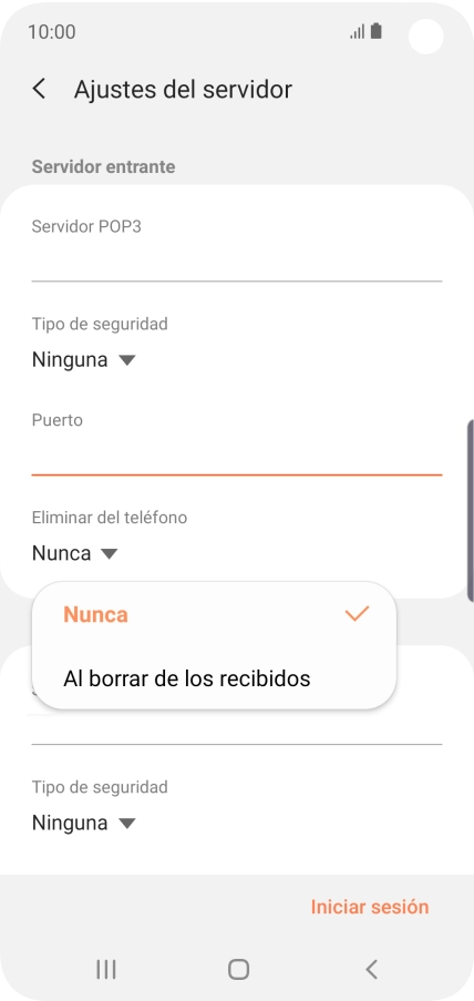 Pulsa Nunca para conservar los correos electrónicos en el servidor cuando los borras del teléfono. Pulsa Nunca para conservar los correos electrónicos en el servidor cuando los borras del teléfono.