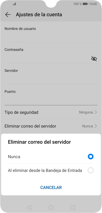 Pulsa Nunca para conservar los correos electrónicos en el servidor cuando los borras del teléfono.