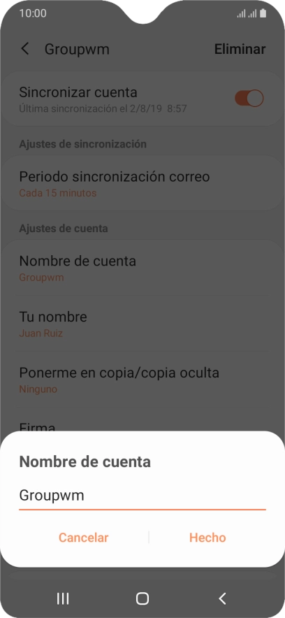 Introduce el nombre deseado de la cuenta de correo electrónico y pulsa Hecho. Introduce el nombre deseado de la cuenta de correo electrónico y pulsa Hecho.