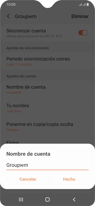 Introduce el nombre deseado de la cuenta de correo electrónico y pulsa Hecho. Introduce el nombre deseado de la cuenta de correo electrónico y pulsa Hecho.