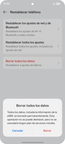 Pulsa Borrar. Espera unos instantes mientras el teléfono restablece la configuración predeterminada. Sigue las indicaciones de la pantalla para configurar el teléfono y dejarlo listo para su uso. Pulsa Borrar. Espera unos instantes mientras el teléfono restablece la configuración predeterminada. Sigue las indicaciones de la pantalla para configurar el teléfono y dejarlo listo para su uso.