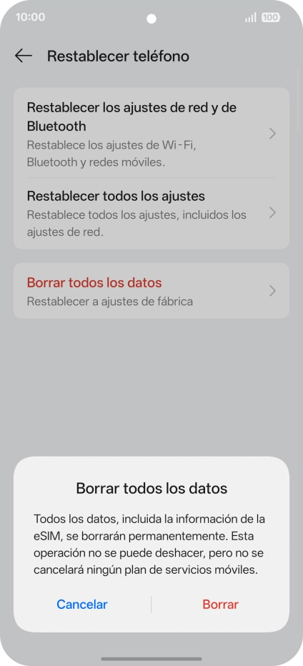 Pulsa Borrar. Espera unos instantes mientras el teléfono restablece la configuración predeterminada. Sigue las indicaciones de la pantalla para configurar el teléfono y dejarlo listo para su uso. Pulsa Borrar. Espera unos instantes mientras el teléfono restablece la configuración predeterminada. Sigue las indicaciones de la pantalla para configurar el teléfono y dejarlo listo para su uso.