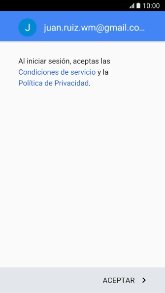Pulsa ACEPTAR y sigue las indicaciones de la pantalla para seleccionar los ajustes de tu cuenta de Google. Pulsa ACEPTAR y sigue las indicaciones de la pantalla para seleccionar los ajustes de tu cuenta de Google.