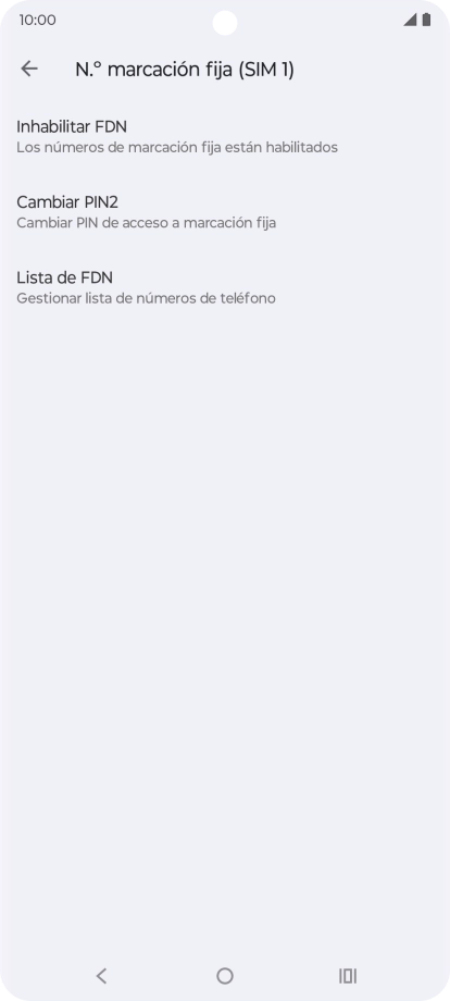Pulsa Inhabilitar FDN para desactivar la marcación fija. Pulsa Inhabilitar FDN para desactivar la marcación fija.