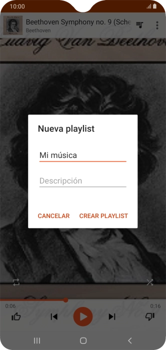 Introduce el nombre deseado de la lista de reproducción y pulsa CREAR PLAYLIST. Introduce el nombre deseado de la lista de reproducción y pulsa CREAR PLAYLIST.