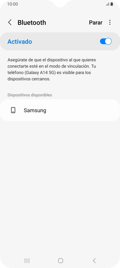 Pulsa el dispositivo Bluetooth deseado y sigue las indicaciones de la pantalla para vincular el dispositivo al teléfono. Pulsa el dispositivo Bluetooth deseado y sigue las indicaciones de la pantalla para vincular el dispositivo al teléfono.