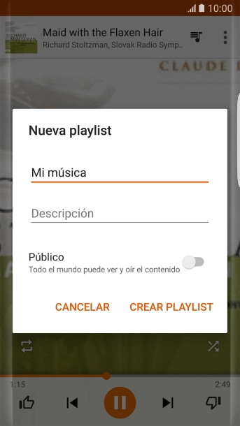 Introduce el nombre deseado de la lista de reproducción y pulsa CREAR PLAYLIST. Introduce el nombre deseado de la lista de reproducción y pulsa CREAR PLAYLIST.