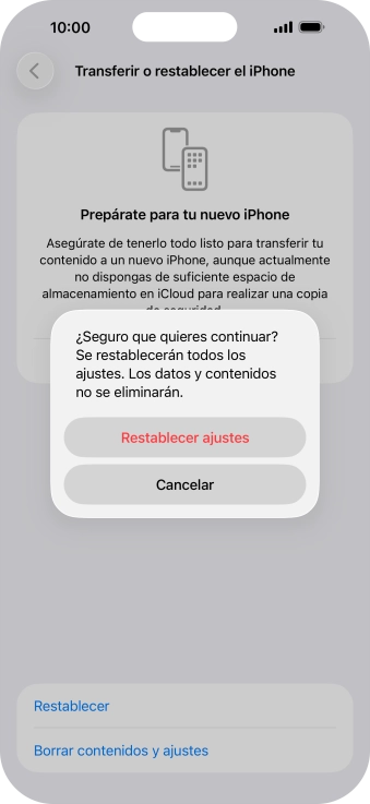 Pulsa Restablecer ajustes. Espera unos instantes mientras el teléfono restablece la configuración predeterminada. Sigue las indicaciones de la pantalla para configurar el teléfono y dejarlo listo para su uso. Pulsa Restablecer ajustes. Espera unos instantes mientras el teléfono restablece la configuración predeterminada. Sigue las indicaciones de la pantalla para configurar el teléfono y dejarlo listo para su uso.
