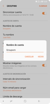 Introduce el nombre deseado de la cuenta de correo electrónico y pulsa HECHO. Introduce el nombre deseado de la cuenta de correo electrónico y pulsa HECHO.