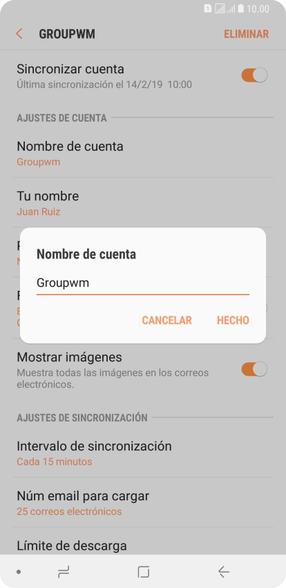 Introduce el nombre deseado de la cuenta de correo electrónico y pulsa HECHO. Introduce el nombre deseado de la cuenta de correo electrónico y pulsa HECHO.