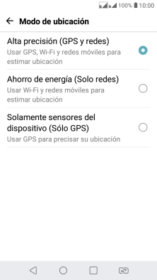 Si seleccionas Alta precisión (GPS y redes), el teléfono podrá encontrar tu posición exacta con ayuda de los satélites GPS, la red móvil y una red wifi cercana. El GPS por satélite requiere vista libre al cielo. Si seleccionas Alta precisión (GPS y redes), el teléfono podrá encontrar tu posición exacta con ayuda de los satélites GPS, la red móvil y una red wifi cercana. El GPS por satélite requiere vista libre al cielo.