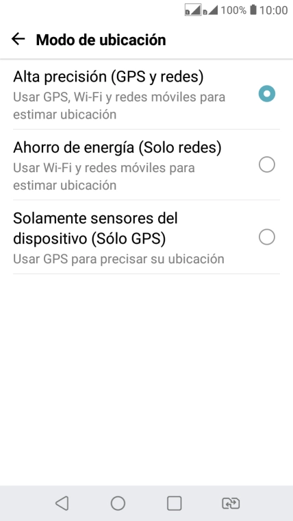 Si seleccionas Alta precisión (GPS y redes), el teléfono podrá encontrar tu posición exacta con ayuda de los satélites GPS, la red móvil y una red wifi cercana. El GPS por satélite requiere vista libre al cielo. Si seleccionas Alta precisión (GPS y redes), el teléfono podrá encontrar tu posición exacta con ayuda de los satélites GPS, la red móvil y una red wifi cercana. El GPS por satélite requiere vista libre al cielo.
