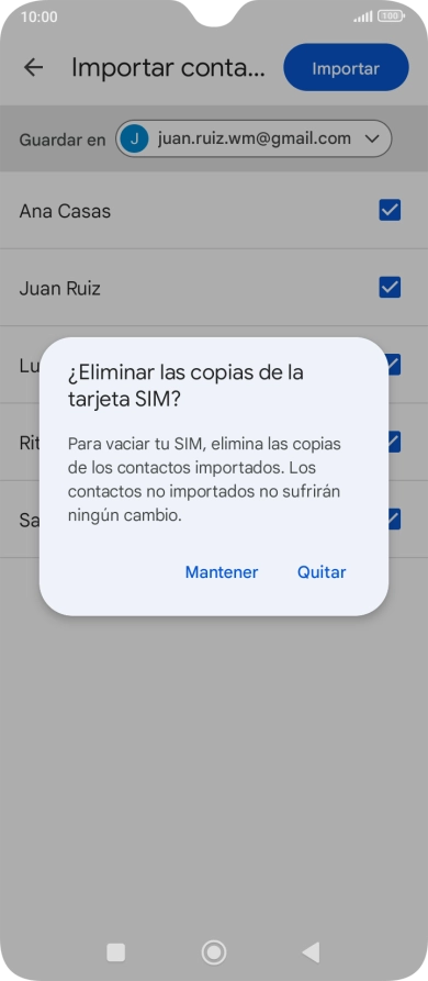 Si deseas conservar los contactos importados en la tarjeta SIM, pulsa Mantener. Si deseas conservar los contactos importados en la tarjeta SIM, pulsa Mantener.