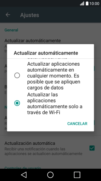 Pulsa Actualizar las aplicaciones automáticamente solo a través de Wi-Fi para activar la función. Pulsa Actualizar las aplicaciones automáticamente solo a través de Wi-Fi para activar la función.