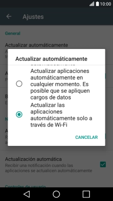 Pulsa Actualizar las aplicaciones automáticamente solo a través de Wi-Fi para activar la función. Pulsa Actualizar las aplicaciones automáticamente solo a través de Wi-Fi para activar la función.