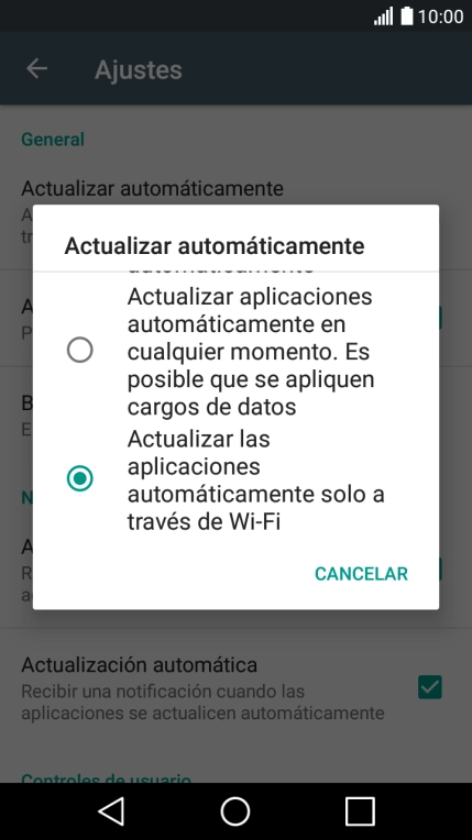 Pulsa Actualizar las aplicaciones automáticamente solo a través de Wi-Fi para activar la función. Pulsa Actualizar las aplicaciones automáticamente solo a través de Wi-Fi para activar la función.