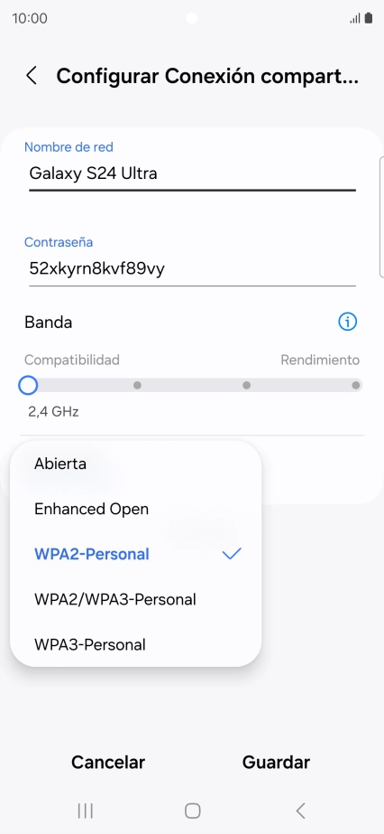 Pulsa WPA3-Personal para proteger la conexión wifi con una contraseña.