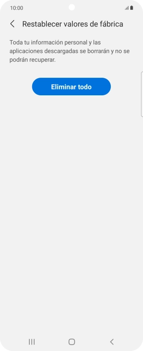 Pulsa Eliminar todo. Espera unos instantes mientras el teléfono restablece la configuración predeterminada. Sigue las indicaciones de la pantalla para configurar el teléfono y dejarlo listo para su uso. Pulsa Eliminar todo. Espera unos instantes mientras el teléfono restablece la configuración predeterminada. Sigue las indicaciones de la pantalla para configurar el teléfono y dejarlo listo para su uso.