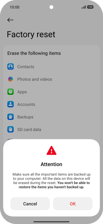 Press OK. Wait a moment while the factory default settings are restored. Follow the instructions on the screen to set up your phone and prepare it for use.