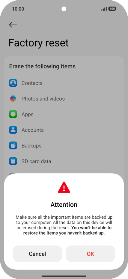 Press OK. Wait a moment while the factory default settings are restored. Follow the instructions on the screen to set up your phone and prepare it for use.