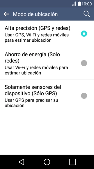 Si seleccionas Alta precisión (GPS y redes), el teléfono podrá encontrar tu posición exacta con ayuda de los satélites GPS, la red móvil y una red wifi cercana. El GPS por satélite requiere vista libre al cielo. Si seleccionas Alta precisión (GPS y redes), el teléfono podrá encontrar tu posición exacta con ayuda de los satélites GPS, la red móvil y una red wifi cercana. El GPS por satélite requiere vista libre al cielo.