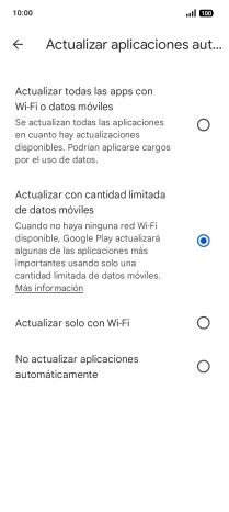 Para activar la actualización automática de apps utilizando la red móvil, pulsa Actualizar todas las apps con Wi-Fi o datos móviles. Para activar la actualización automática de apps utilizando la red móvil, pulsa Actualizar todas las apps con Wi-Fi o datos móviles.