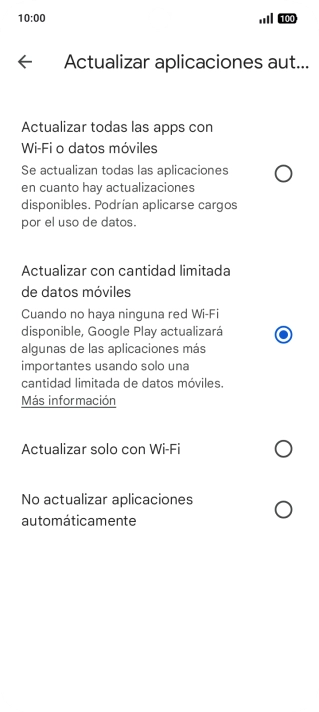 Para activar la actualización automática de apps utilizando la red móvil, pulsa Actualizar todas las apps con Wi-Fi o datos móviles. Para activar la actualización automática de apps utilizando la red móvil, pulsa Actualizar todas las apps con Wi-Fi o datos móviles.