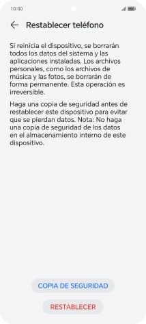 Pulsa RESTABLECER. Espera unos instantes mientras el teléfono restablece la configuración predeterminada. Sigue las indicaciones de la pantalla para configurar el teléfono y dejarlo listo para su uso. Pulsa RESTABLECER. Espera unos instantes mientras el teléfono restablece la configuración predeterminada. Sigue las indicaciones de la pantalla para configurar el teléfono y dejarlo listo para su uso.