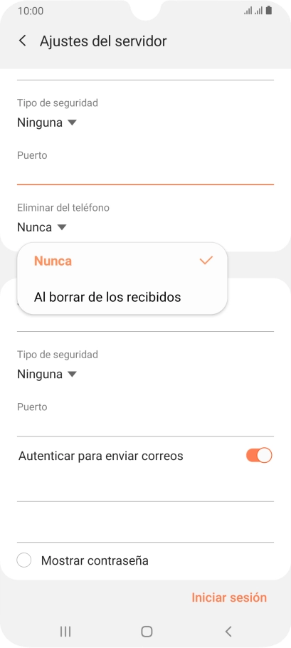 Pulsa Nunca para conservar los correos electrónicos en el servidor cuando los borras del teléfono. Pulsa Nunca para conservar los correos electrónicos en el servidor cuando los borras del teléfono.