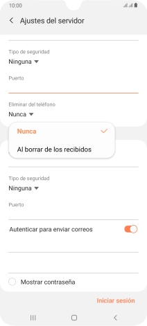 Pulsa Nunca para conservar los correos electrónicos en el servidor cuando los borras del teléfono. Pulsa Nunca para conservar los correos electrónicos en el servidor cuando los borras del teléfono.