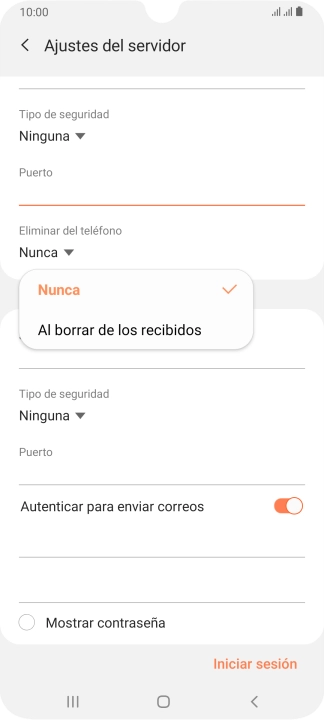 Pulsa Nunca para conservar los correos electrónicos en el servidor cuando los borras del teléfono. Pulsa Nunca para conservar los correos electrónicos en el servidor cuando los borras del teléfono.