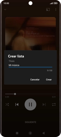 Introduce el nombre deseado de la lista de reproducción y pulsa Crear. Introduce el nombre deseado de la lista de reproducción y pulsa Crear.