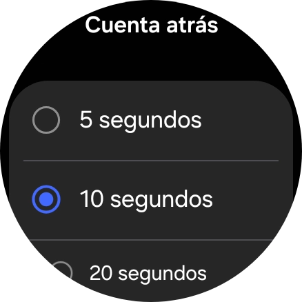 Pulsa el ajuste deseado para seleccionar cuánto debe durar la cuenta atrás hasta que el smartwatch llame a la central de alarma en caso de registrar una caída grave.