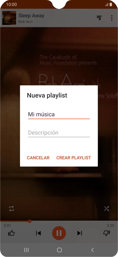 Introduce el nombre deseado de la lista de reproducción y pulsa CREAR PLAYLIST. Introduce el nombre deseado de la lista de reproducción y pulsa CREAR PLAYLIST.