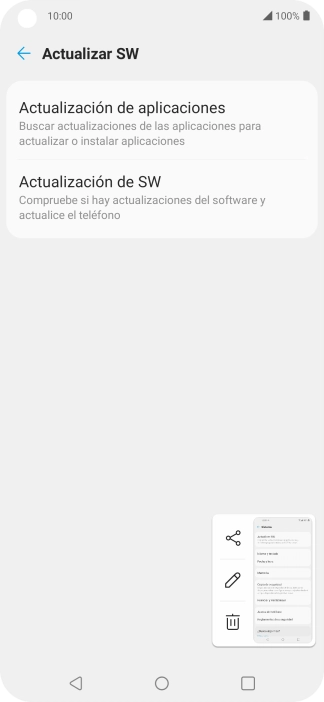 Pulsa Actualización de SW. Si hay una versión de software nueva disponible, aparecerá ahora en la pantalla. Sigue las indicaciones de la pantalla para actualizar el software del teléfono. Pulsa Actualización de SW. Si hay una versión de software nueva disponible, aparecerá ahora en la pantalla. Sigue las indicaciones de la pantalla para actualizar el software del teléfono.