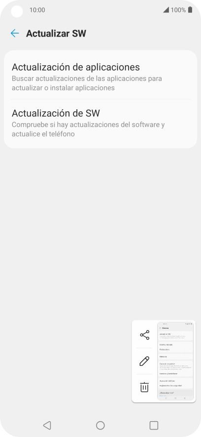 Pulsa Actualización de SW. Si hay una versión de software nueva disponible, aparecerá ahora en la pantalla. Sigue las indicaciones de la pantalla para actualizar el software del teléfono. Pulsa Actualización de SW. Si hay una versión de software nueva disponible, aparecerá ahora en la pantalla. Sigue las indicaciones de la pantalla para actualizar el software del teléfono.