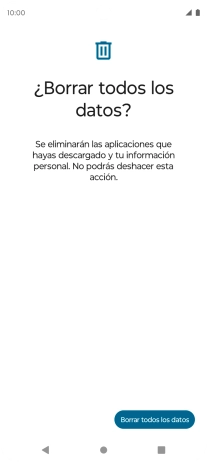 Pulsa Borrar todos los datos. Espera unos instantes mientras el teléfono restablece la configuración predeterminada. Sigue las indicaciones de la pantalla para configurar el teléfono y dejarlo listo para su uso. Pulsa Borrar todos los datos. Espera unos instantes mientras el teléfono restablece la configuración predeterminada. Sigue las indicaciones de la pantalla para configurar el teléfono y dejarlo listo para su uso.