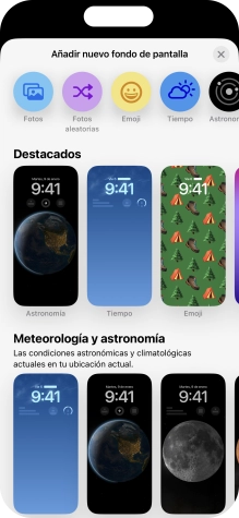 Pulsa una categoría y sigue las indicaciones de la pantalla para seleccionar la imagen de fondo deseada. Pulsa una categoría y sigue las indicaciones de la pantalla para seleccionar la imagen de fondo deseada.