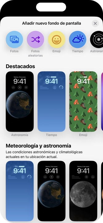 Pulsa una categoría y sigue las indicaciones de la pantalla para seleccionar la imagen de fondo deseada. Pulsa una categoría y sigue las indicaciones de la pantalla para seleccionar la imagen de fondo deseada.