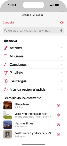 Desplázate a la categoría deseada y pulsa el icono de añadir junto al archivo de música correspondiente. Desplázate a la categoría deseada y pulsa el icono de añadir junto al archivo de música correspondiente.