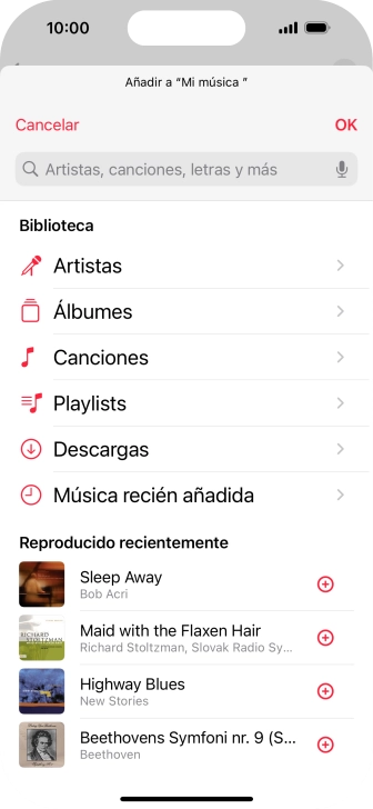 Desplázate a la categoría deseada y pulsa el icono de añadir junto al archivo de música correspondiente. Desplázate a la categoría deseada y pulsa el icono de añadir junto al archivo de música correspondiente.