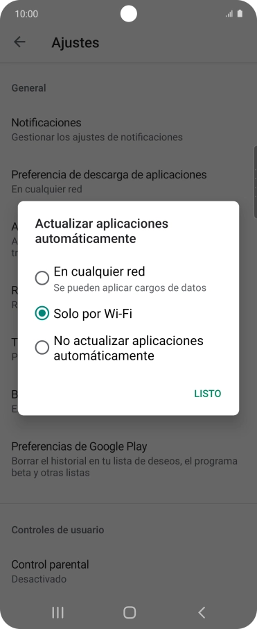 Para activar la actualización automática de apps utilizando la red móvil, pulsa En cualquier red. Para activar la actualización automática de apps utilizando la red móvil, pulsa En cualquier red.