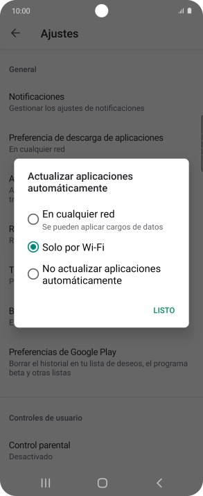 Para activar la actualización automática de apps utilizando la red móvil, pulsa En cualquier red. Para activar la actualización automática de apps utilizando la red móvil, pulsa En cualquier red.