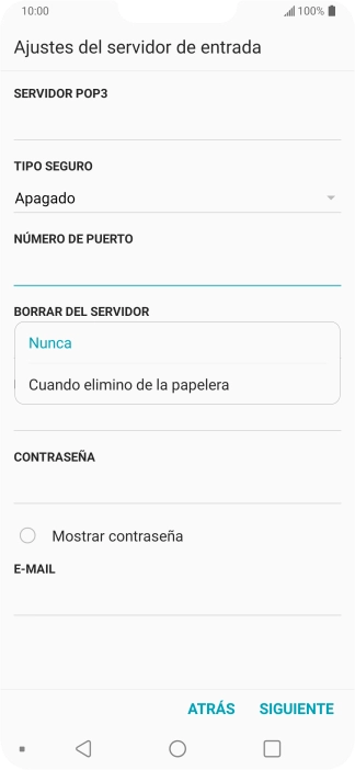Pulsa Nunca para conservar los correos electrónicos en el servidor cuando los borras del teléfono. Pulsa Nunca para conservar los correos electrónicos en el servidor cuando los borras del teléfono.