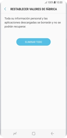 Pulsa ELIMINAR TODO. Espera unos instantes mientras el teléfono restablece la configuración predeterminada. Sigue las indicaciones de la pantalla para configurar el teléfono y dejarlo listo para su uso. Pulsa ELIMINAR TODO. Espera unos instantes mientras el teléfono restablece la configuración predeterminada. Sigue las indicaciones de la pantalla para configurar el teléfono y dejarlo listo para su uso.