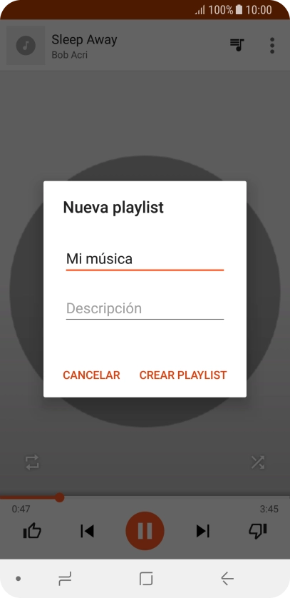 Introduce el nombre deseado de la lista de reproducción y pulsa CREAR PLAYLIST. Introduce el nombre deseado de la lista de reproducción y pulsa CREAR PLAYLIST.