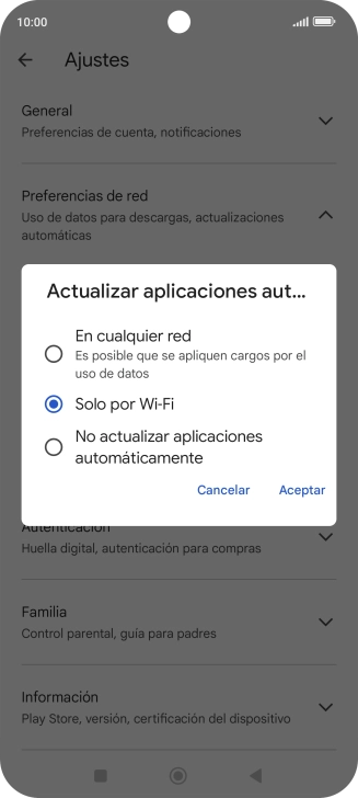 Para activar la actualización automática de apps a través de la red móvil, pulsa el campo junto a Para activar la actualización automática de apps a través de la red móvil, pulsa el campo junto a